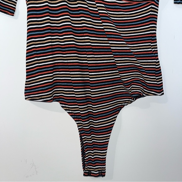 VOLCOM Strype Hype Bodysuit woman's size medium multi color striped deep v neck - Picture 8 of 14